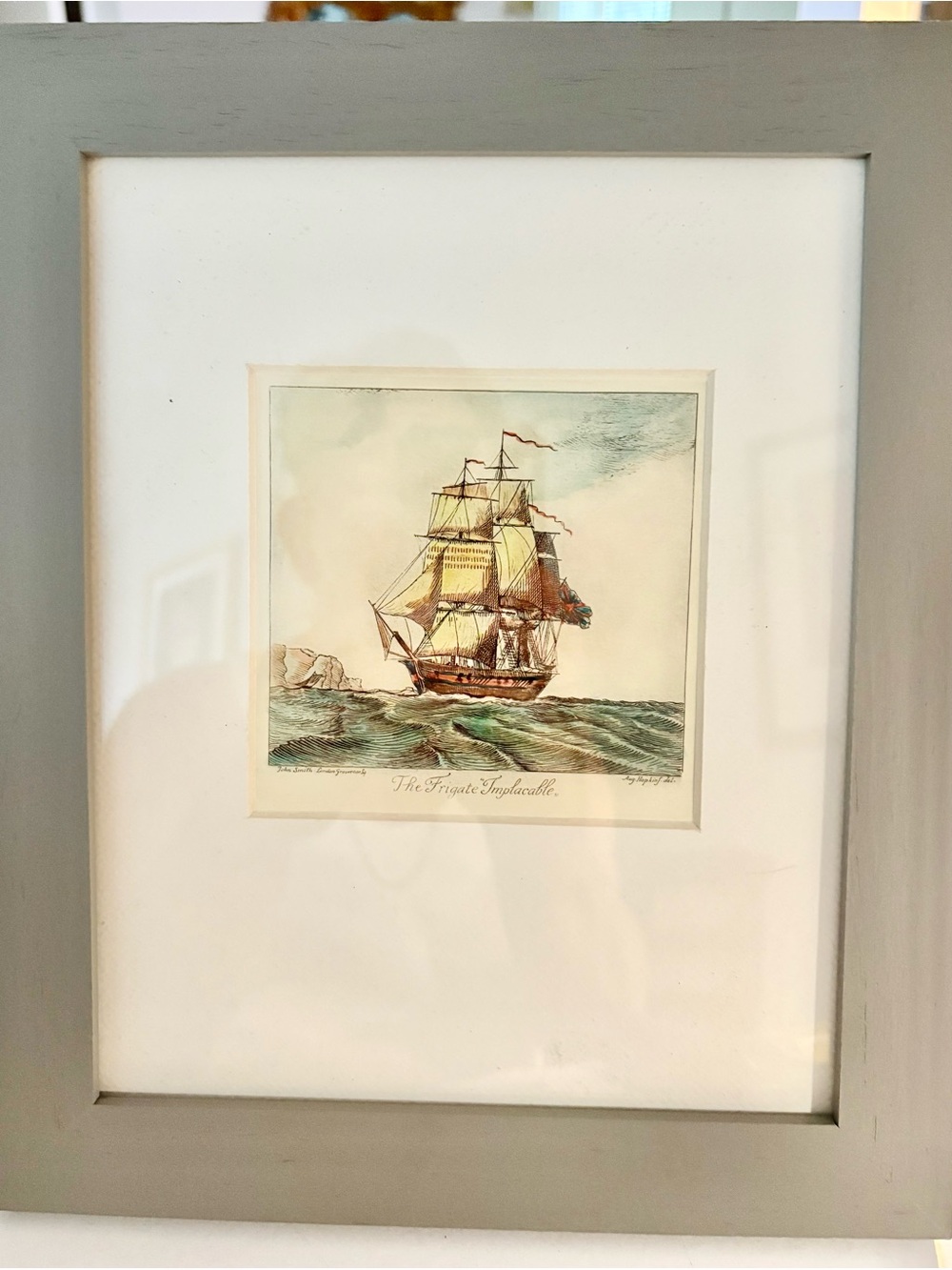 The Frigate Implacable. Framed Nautical Ship etching . Gray Frame - Vintage